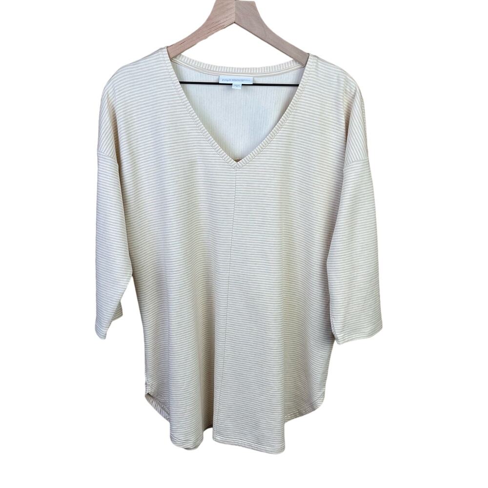 J. Jill Organic Cotton Top Tunic Beige Striped Medium V-neck 3/4sleeve Loose Fit